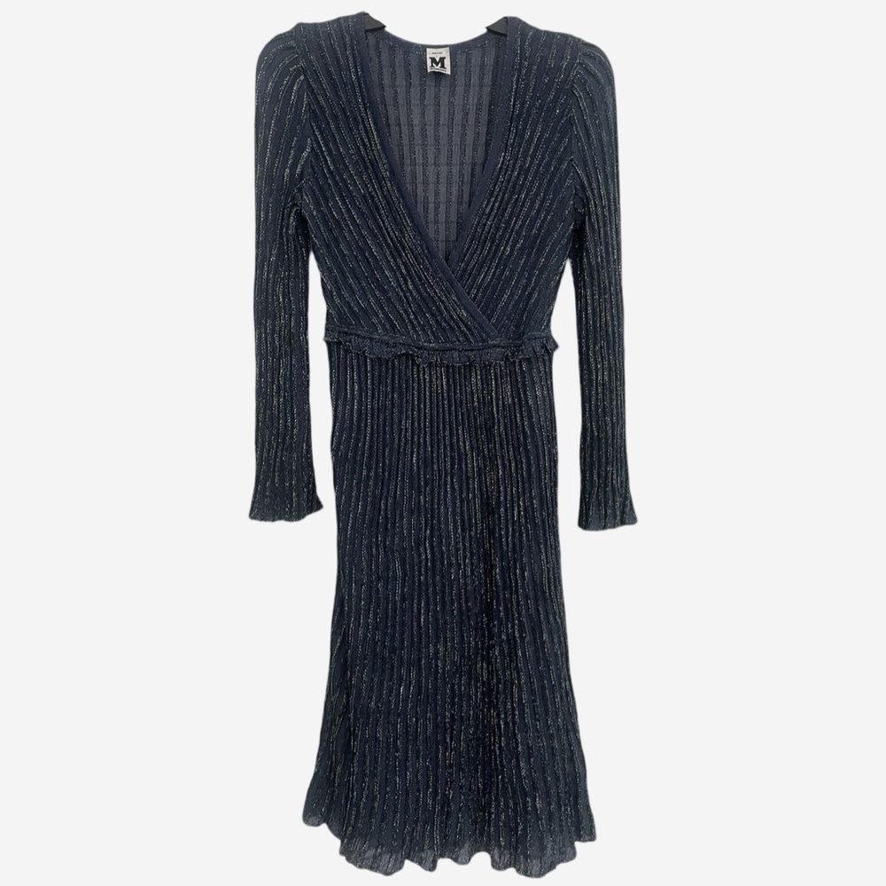 M by Missoni Navy Metallic Ribbed Wrap Midi Dress